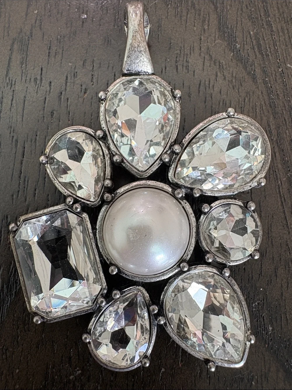 Silver-Tone Crystal and Pearl Pendant Necklace - White Crystal